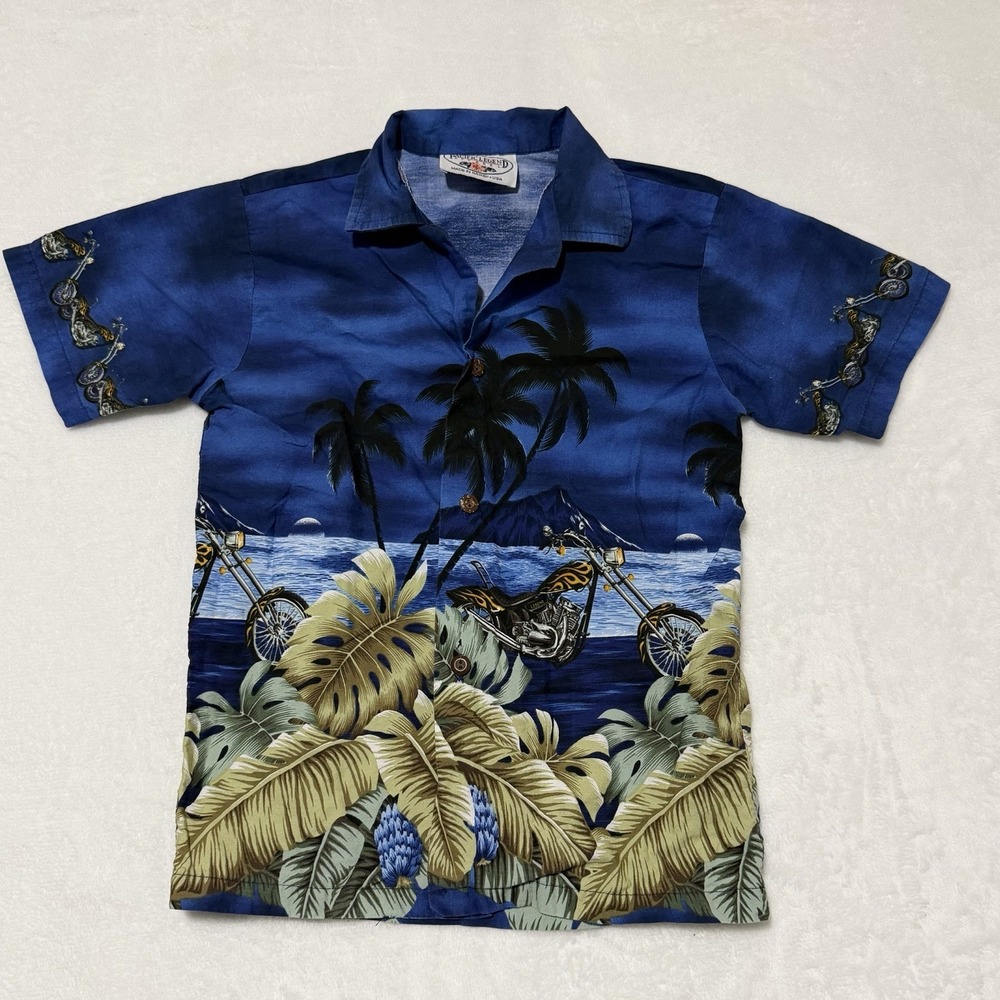 Pacific Legend Hawaiian Shirt Youth Small Motorcycle Chopper Blue Boys Wood USA